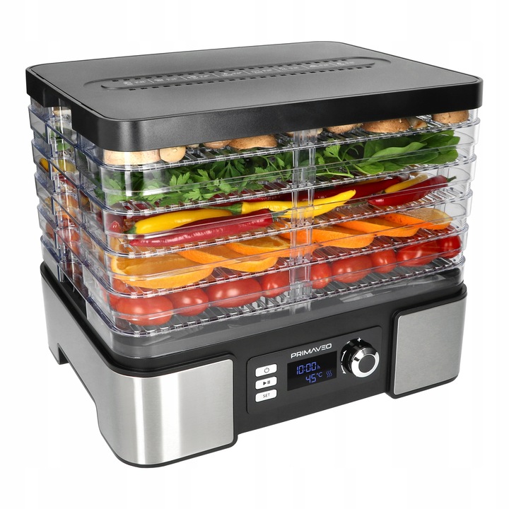DUŻA SUSZARKA DO GRZYBÓW OWOCÓW TERMOOBIEG 450W ZEGAR PRIMAVEO POJEMNA 12L