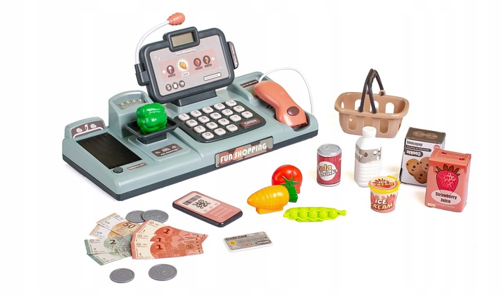 KASA FISKALNA Dla dzieci ZABAWKOWA zestaw SKANER WAGA TELEFON KOSZ ZAKUPY