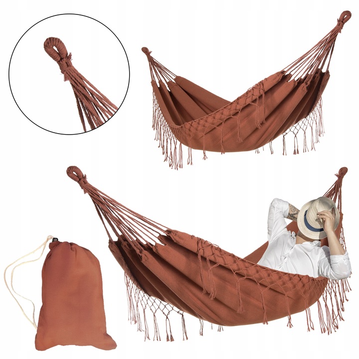 DUŻY MOCNY HAMAK OGRODOWY BOHO HUŚTAWKA MIDAS 3 100x200 KARMEL + POKROWIEC