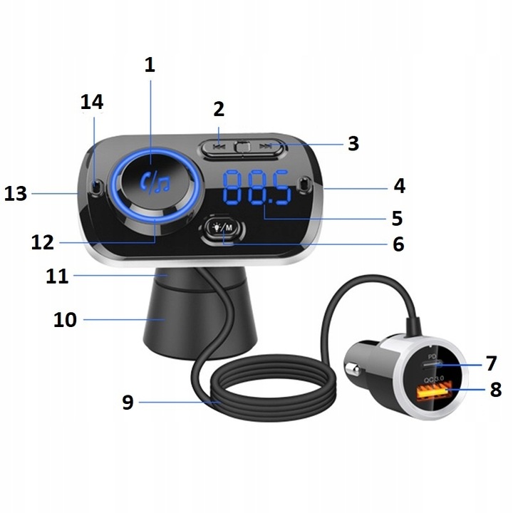 TRANSMITER BLUETOOTH FM SAMOCHODOWY ZESTAW GŁOŚNOMÓWIĄCY ŁADOWARKA USB-C
