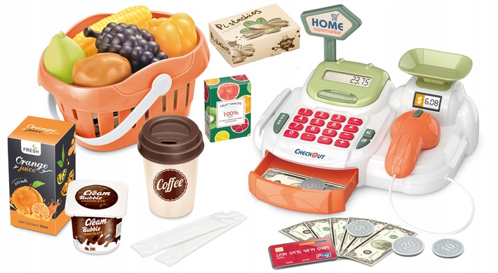 DUŻA KASA FISKALNA Sklepowa DLA DZIECI KALKULATOR Skaner KOSZYK MATADI AKC