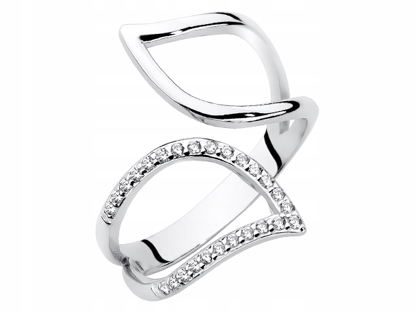 Srebrny Liść Szeroki Pierścionek Listek z Cyrkoniami Srebro 925 Rodowany