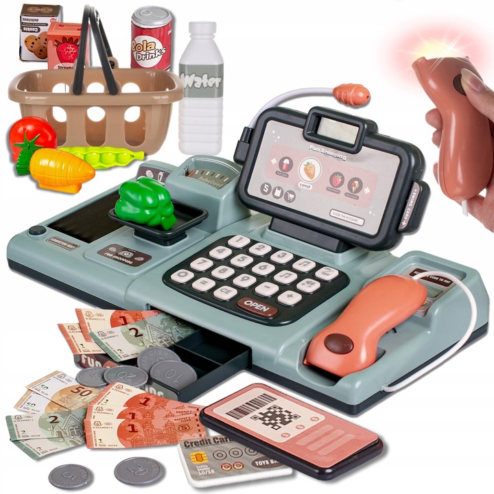 KASA FISKALNA Dla dzieci ZABAWKOWA zestaw SKANER WAGA TELEFON KOSZ ZAKUPY