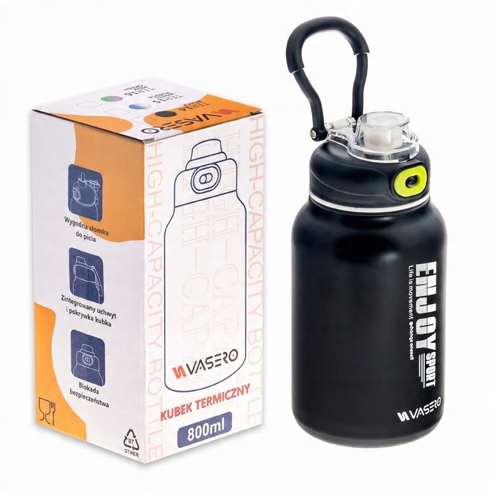 KUBEK TERMICZNY BIDON TERMOS PRÓŻNIOWY 800ml blokada uchwyt ustnik + SŁOMKA