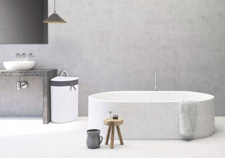 KOSZ POJEMNIK NA PRANIE BIELIZNĘ NAROŻNY BIAŁY BAMBUSOWY Z POKRYWĄ 60L