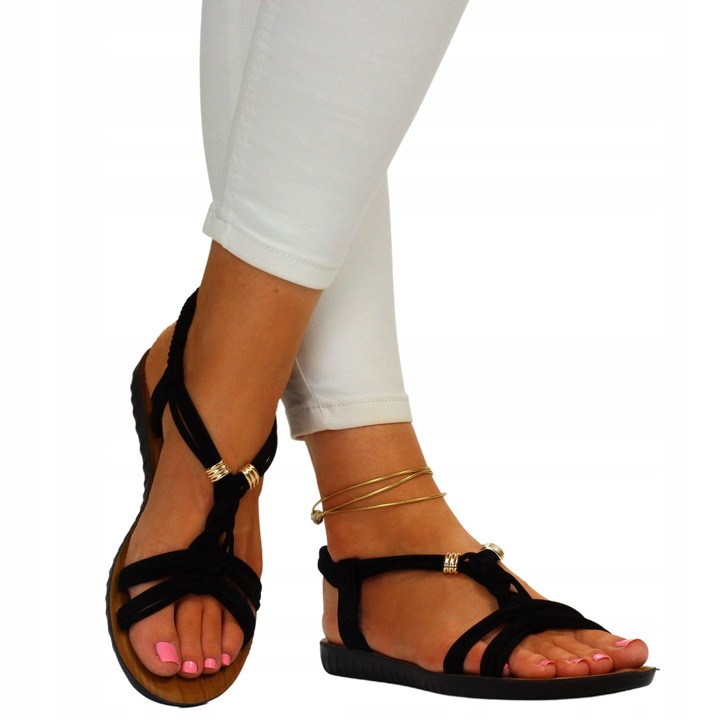 SANDAŁY DAMSKIE CZARNE Z GUMKAMI ELEGANCKIE NISKIE