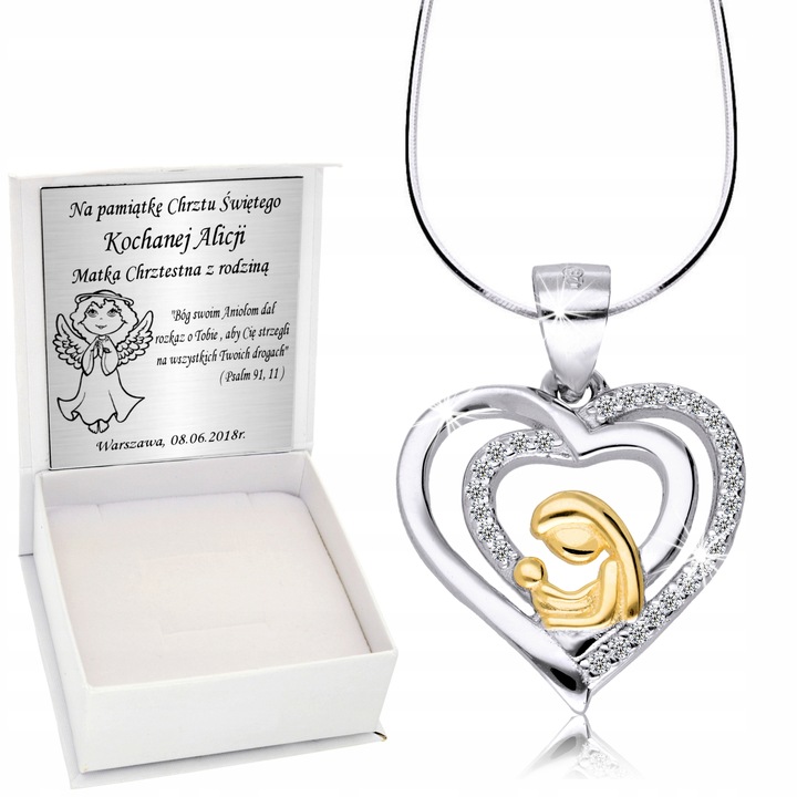 Srebrny Łańcuszek 925 Medalik Matka Serce Chrzest Komunia Grawer