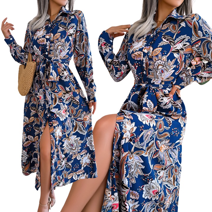 SUKIENKA DŁUGA MAXI ELEGANCKA KWIATY WZÓR KOSZULOWA SUKNIA KLASYCZNA 36 S