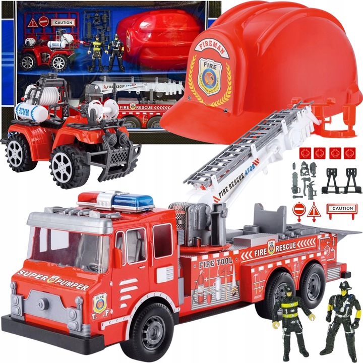 DUŻY Zestaw STRAŻ POŻARNA WÓZ STRAŻACKI STRAŻACY KASK QUAD AKCESORIA BOX
