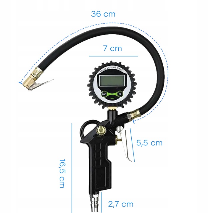 PISTOLET DO POMPOWANIA KÓŁ Z MANOMETREM CYFROWYM LCD WĘŻYK 36CM 15 BAR