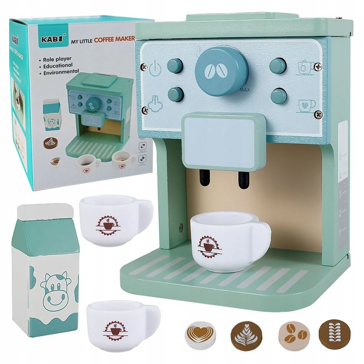 DREWNIANY EKSPRES DO KAWY DLA DZIECI AUTOMAT AGD KAWIARNIA ZESTAW PREZENT
