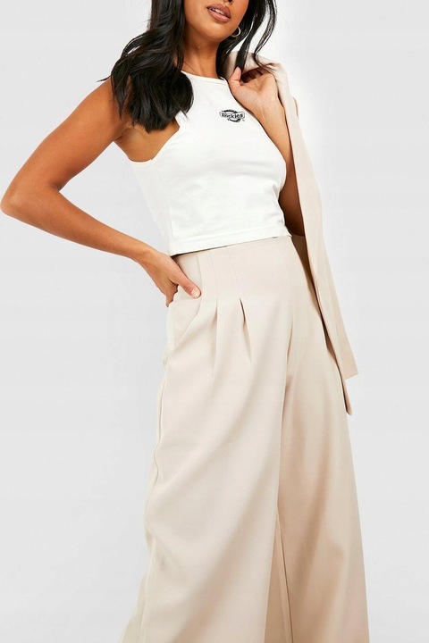 BOOHOO BEŻOWE SZEROKIE SPODNIE Z WYSOKIM STANEM R2I NG2__XL