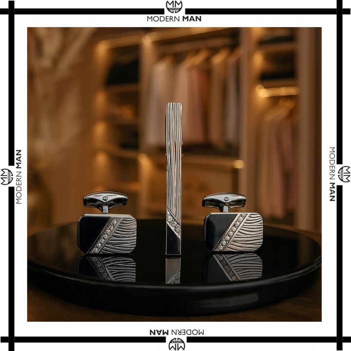 ZESTAW SPINKI DO MANKIETOW I KRAWATA SREBRNO CZARNE ELEGANCKI DLA MEZCZYZNY