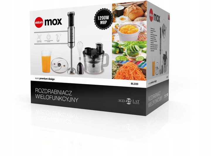 BLENDER RĘCZNY MIKSER WIELOFUNKCYJNY ELDOM BL220 TURBO 1200W +AKCESORIA