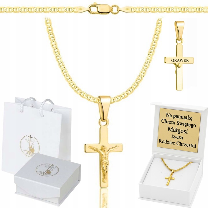 ZŁOTY ŁAŃCUSZEK NA CHRZEST CHRZCINY PAMIĄTKA Z KRZYŻYKIEM 585 925 + GRAWER