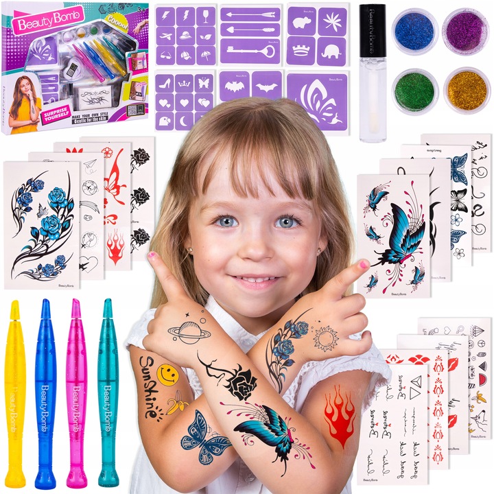 ZESTAW DO ROBIENIA TATUAŻY DUŻY BROKATOWE TATUAŻE ZMYWALNE SZABLONY DIY