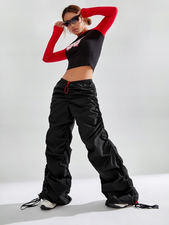 SPODNIE PARACHUTE MARSZCZONE ZE ŚCIĄGACZEM W PASIE I NOGAWKACH SHEIN S