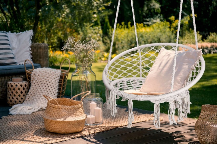 FOTEL WISZĄCY OGRODOWY KRZESŁO HUŚTAWKA DO OGRODU DOMU BUJAK Z PODUSZKAMI