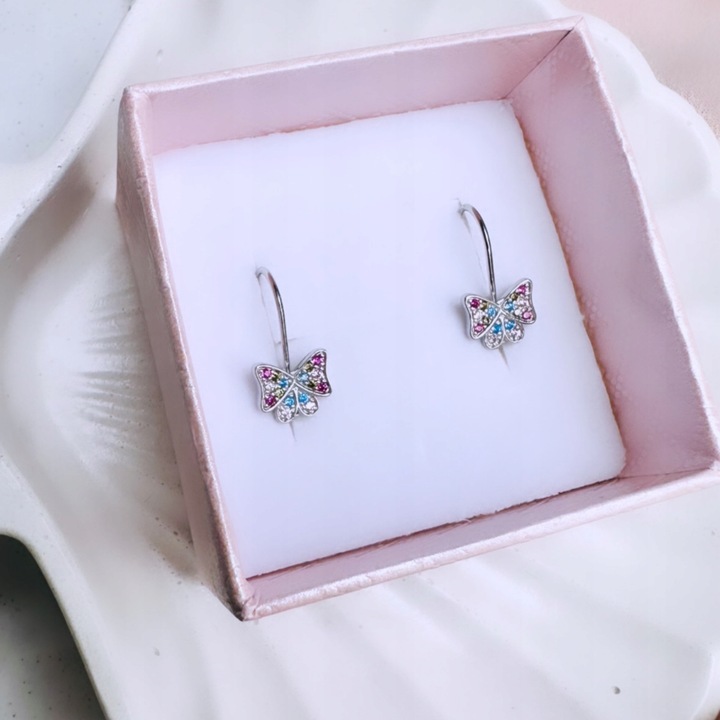 KOLCZYKI SREBRNE DLA DZIEWCZYNKI MOTYLKI KOLOROWE CYRKONIE ANGIELSKIE 925