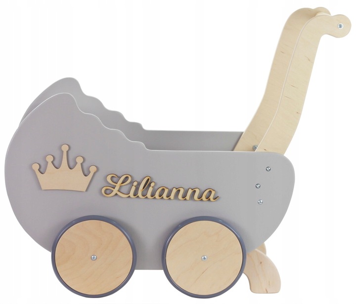 drewniany WÓZEK DLA LALEK + IMIĘ POŚCIEL stopery
