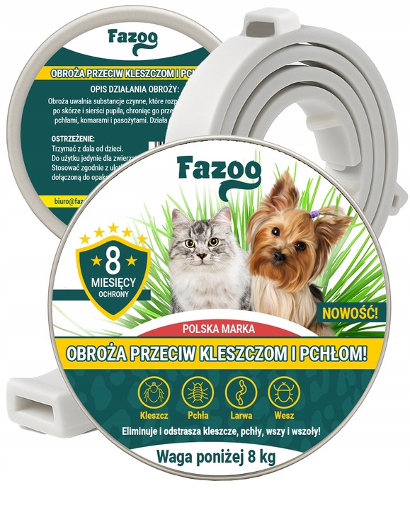 OBROŻA NA KLESZCZE i Pchły dla Psa Kota Antykleszczowa 8 Miesięcy Fazoo