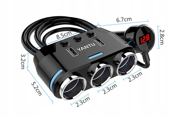 TRÓJNIK ROZGAŁĘŹNIK ZAPALNICZKI WOLTOMIERZ 2x USB