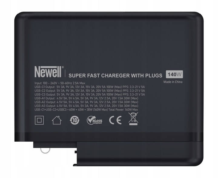 Ładowarka sieciowa z adapterami Newell GaN Tech T-power 140W 3xUSB-C 3xUSB