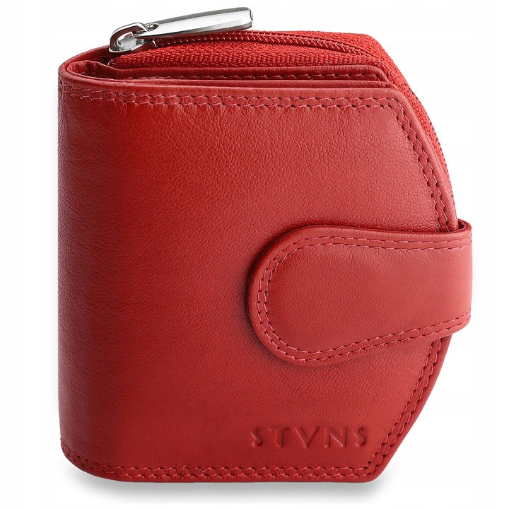 Portfel Damski Skórzany STEVENS Mały Czerwony Zapinany Portmonetka RFID