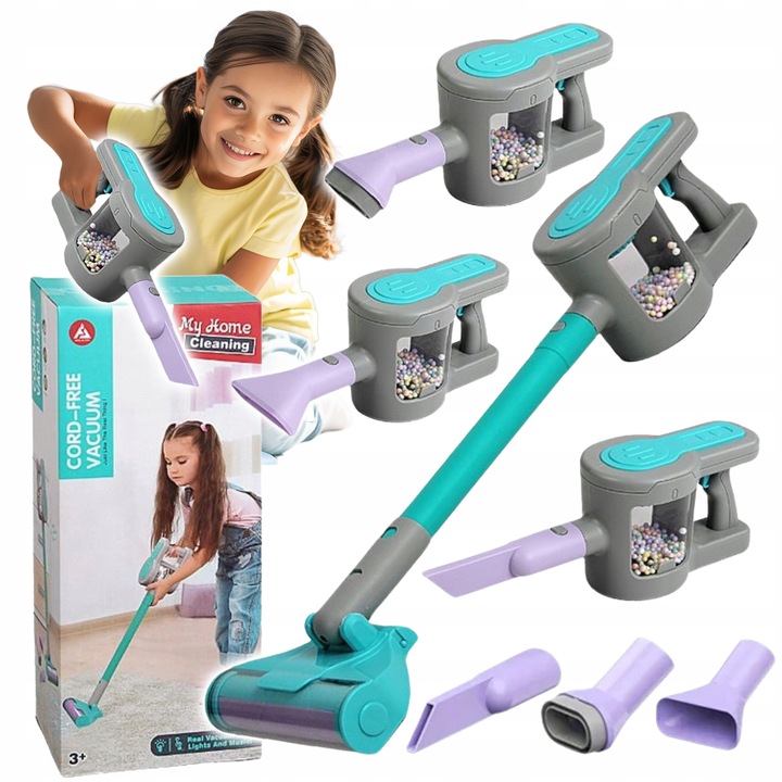 ODKURZACZ PIONOWY ZABAWKA 3 KOŃCÓWKI INTERAKTYWNY DZWIĘK DLA DZIECI RĘCZNY