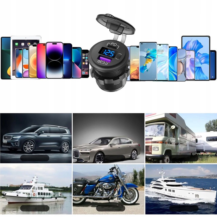 Ładowarka samochodowa USB QC 3.0 USB-C C PD gniazdo zapalniczki Woltomierz