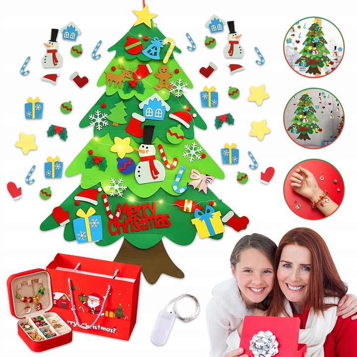 CHOINKA FILCOWA NA RZEPY Z OZDOBAMI DLA DZIECI ŚWIATEŁKA 50 LED NA ŚCIANĘ