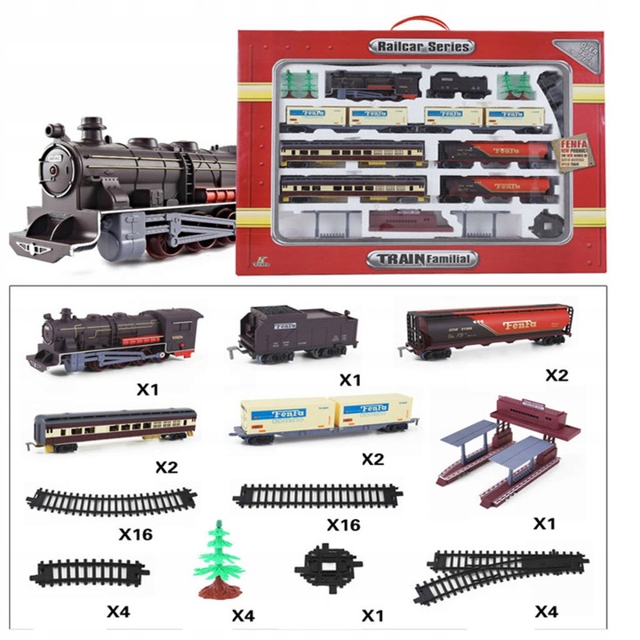 WIELKA KOLEJKA POCIĄG TORY 10 metrów LOKOMOTYWA LED 7 wagonów DRZEWKA PERON