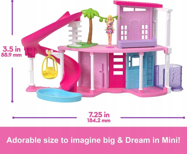 BARBIE MINI BARBIELAND DOMEK MARZEŃ DLA LALEK ZJEŻDŻALNIA + MINI LALKA AKC.