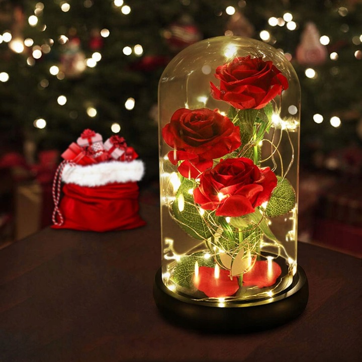 WIECZNA RÓŻA W SZKLE PREZENT NA WALENTYNKI ŚWIECĄCA LED BATERIE + PUDEŁKO