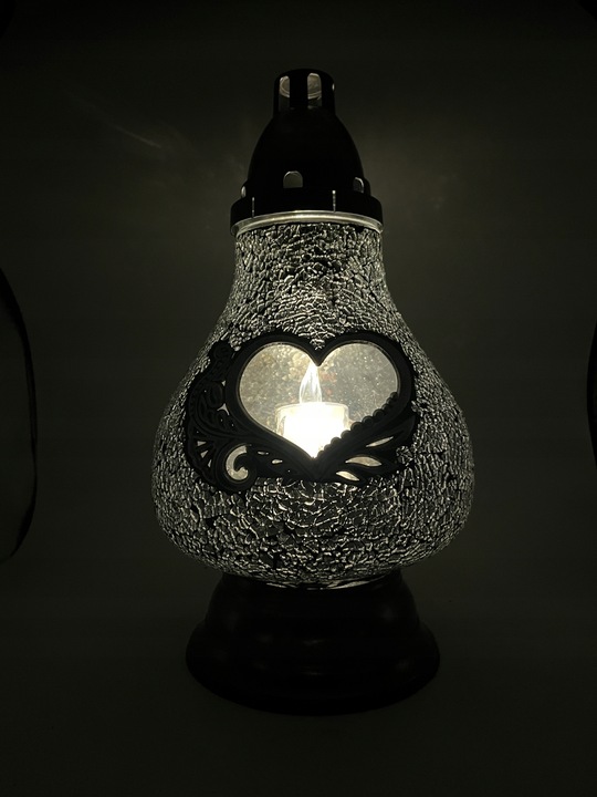 Znicz Szklany Karafka Witraż Mozaika Serce Czarno-Srebrny 38cm Lampion
