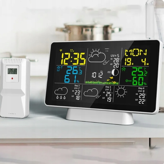 STACJA POGODY WiFi 3 CZUJNIKI UV hPa TEMP WILGOTNOŚĆ FAZY KSIĘŻYCA BUDZIK