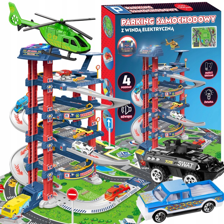 Parking garaż samochodowy zabawka z windą elektryczną zjeżdżalnia dla autek