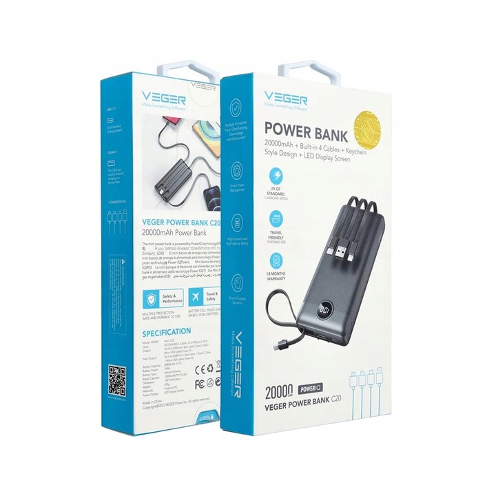 POWERBANK VEGER C20 BATERIA 20000mAh USB-C micro Lightning +wbudowany kabel