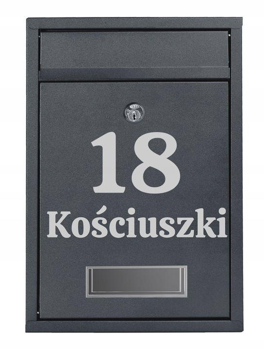 SKRZYNKA POCZTOWA NA LISTY POCZTĘ Z NUMEREM DOMU NAZWĄ ULICY NAPIS ANTRACYT