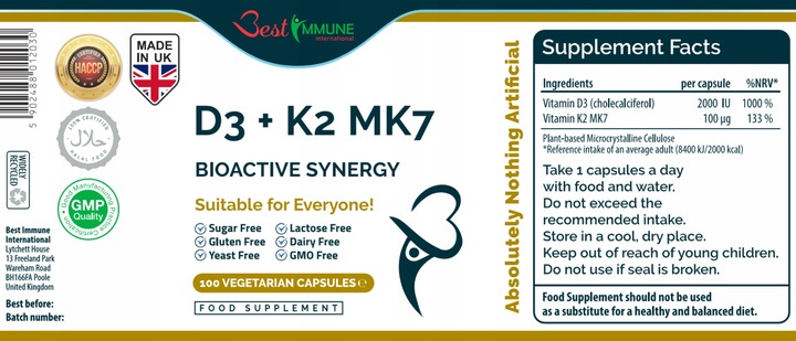 Naturalna witamina D3 2000IU + K2 100mcg Najwyższa Biodostępność