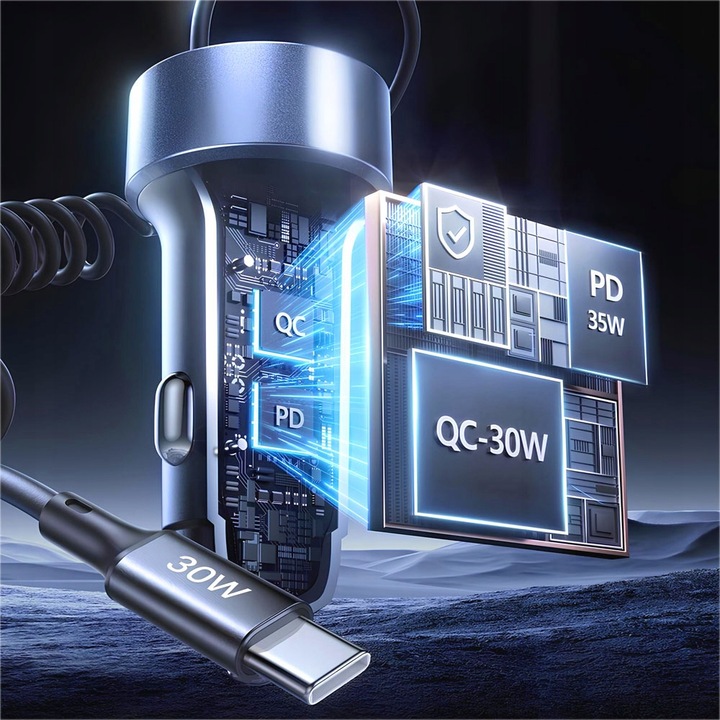 Mocna ładowarka samochodowa POLION USB-A 2xUSB-C 65W QC3.0 PD z przewodem