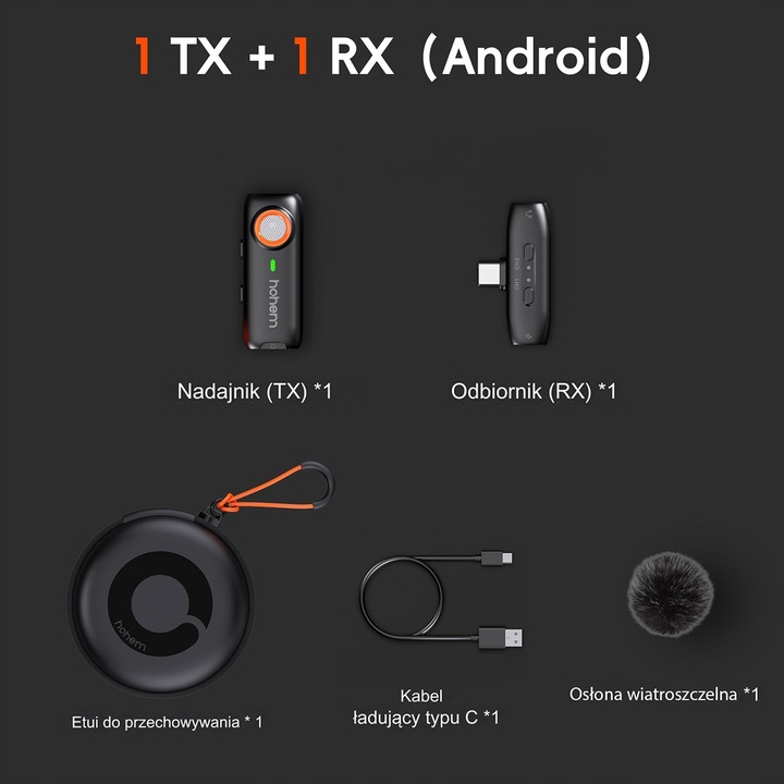 Mikrofon bezprzewodowy Hohem Lavalier Mic-01 (1 TX + 1 RX) Czarny, USB-C