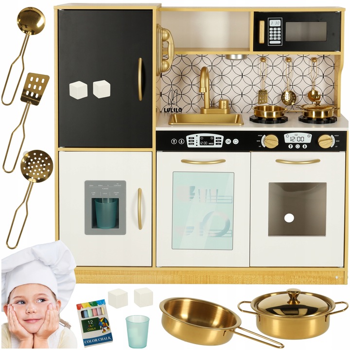 KUCHNIA DLA DZIECI DREWNIANA ZŁOTA LED DUŻA XXL Z LODÓWKA TABLICA KREDOWA