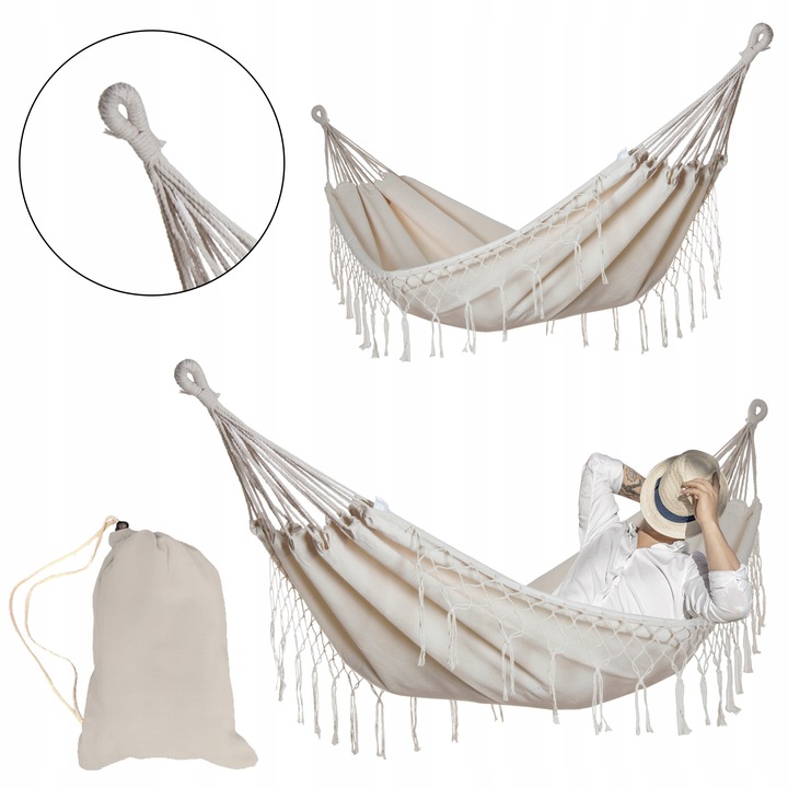 DUŻY MOCNY HAMAK OGRODOWY BOHO HUŚTAWKA MIDAS 3 100x200 ECRU + POKROWIEC