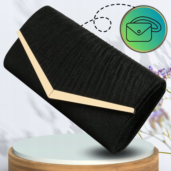 Torebka Wieczorowa Czarna Kopertówka Błyszcząca Ślub Wesele Wizytowa mała