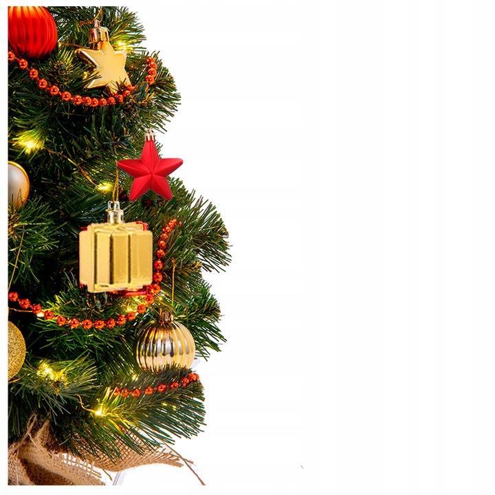 Choinka sztuczna mała ubrana na pniu z jutą i dekoracjami LED 45cm