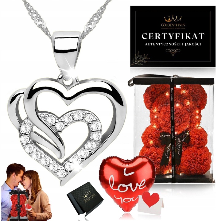 SREBRNY ŁAŃCUSZEK Z SERDUSZKIEM 925 + MIŚ Z RÓŻ XL DLA NIEJ NA DZIEŃ KOIBET