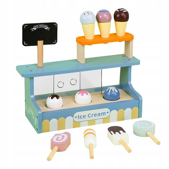 LODZIARNIA DLA DZIECI WITRYNA Z LODAMI STOISKO DREWNIANY SKLEPIK DLA DZIECI