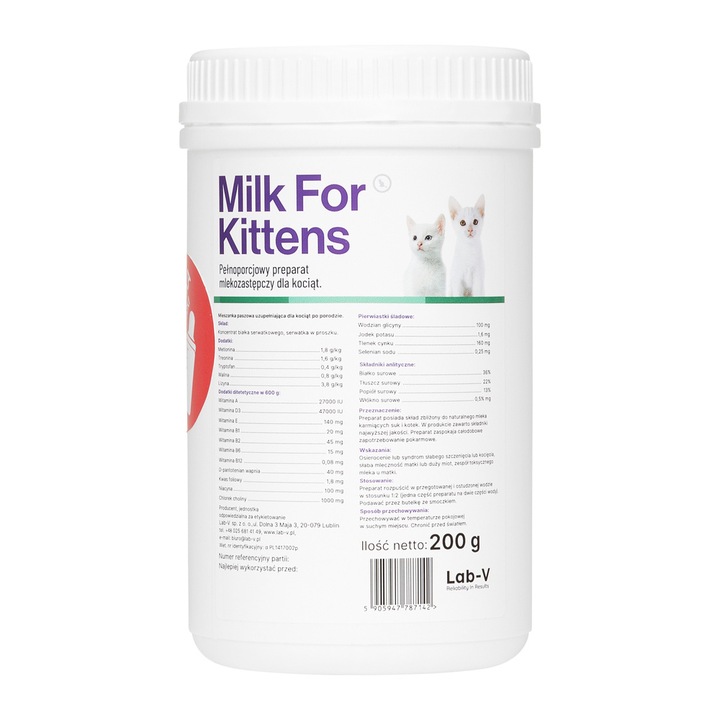 Lab-V Milk For Kittens 200g Mleko Dla Kociąt Zestaw z Butelką