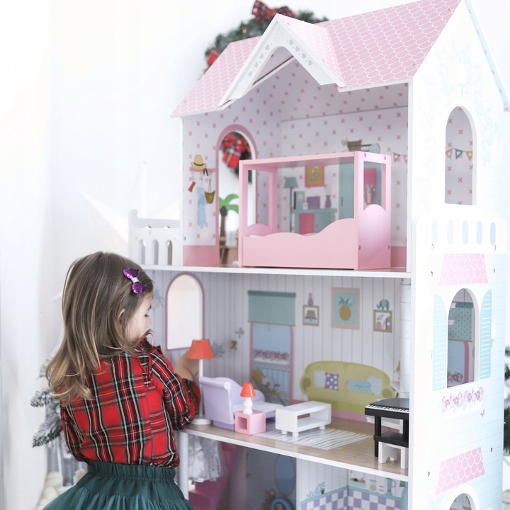 Duży Domek Dla Lalek XXL Drewniany Mebelki Do Zestawu Oświetlenie LED